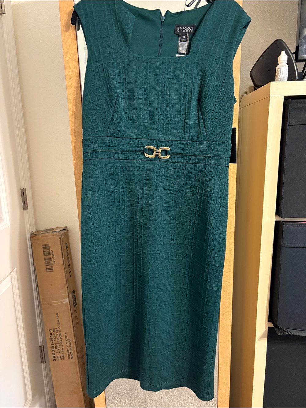 Enfocus Studio Deep Teal Sheath Dress with Gold Buckle
